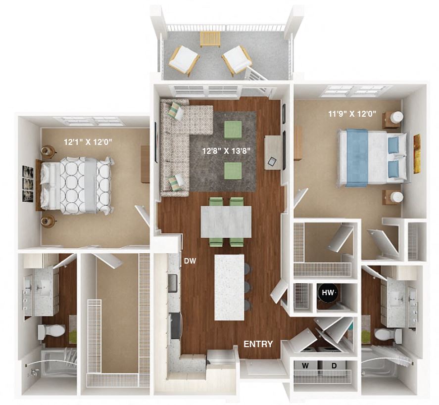Floor plan for 2 beds, 2 baths, 1028 sqft